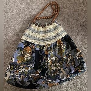 Floral Boho Bag with Wooden Bead Handle